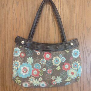 Thirty-One Brown Satchel Shoulder Bag Purse w/ Floral Skirt Base Interchangeable